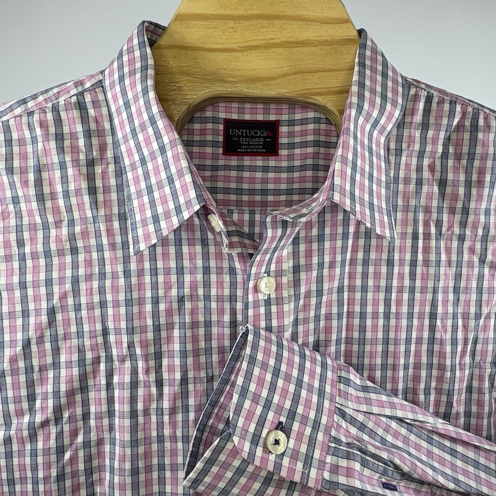 Untuckit Men's Pink Blue Gingham Checkered Cotton Button Up Sz 3XL Tall